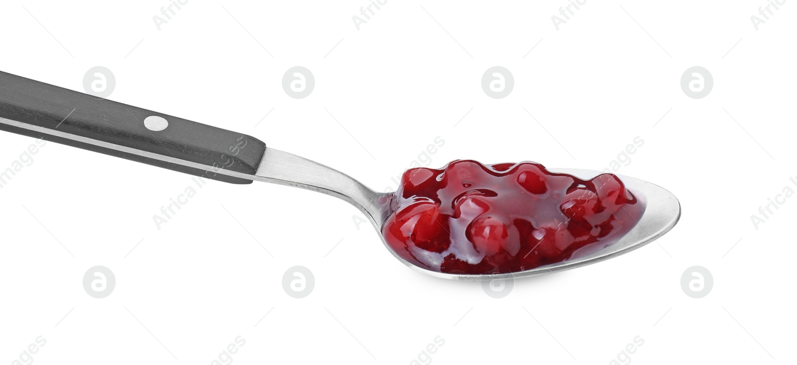 Photo of Spoon with fresh cranberry sauce isolated on white