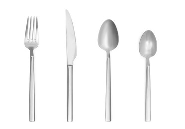 Image of Shiny silver cutlery set on white background, top view