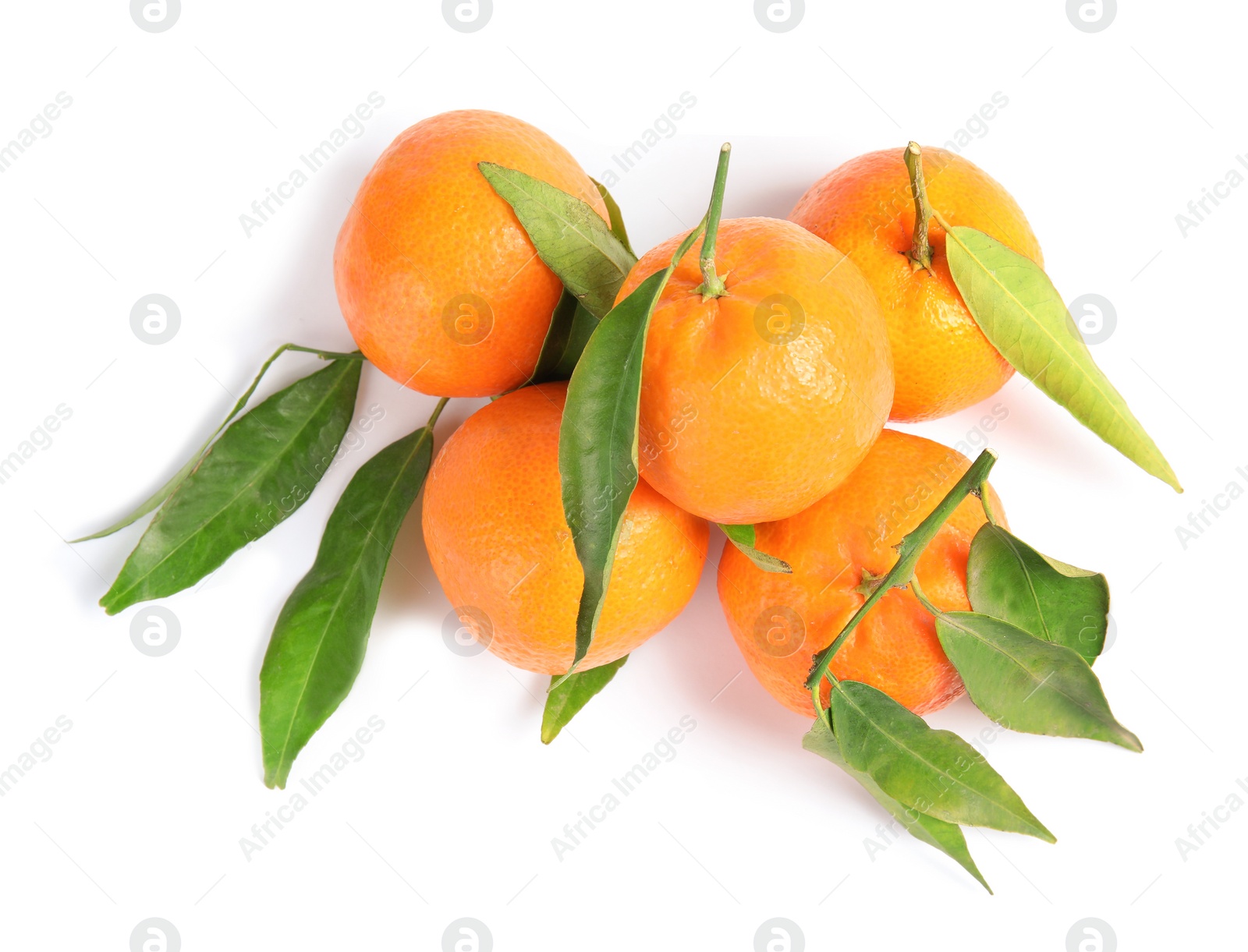 Photo of Tasty ripe tangerines with leaves on white background, top view