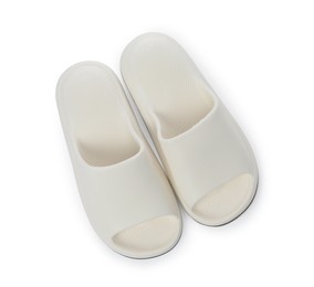 Photo of Pair of rubber slippers isolated on white, top view