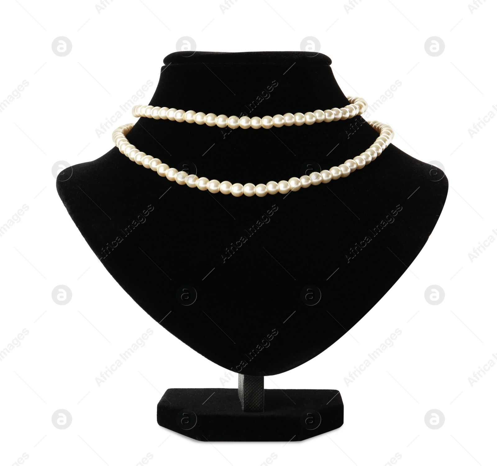 Photo of Stylish pearl necklace on jewelry bust against white background