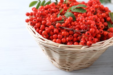 Photo of Fresh ripe rowan berries and leaves in wicker basket on white wooden table, closeup