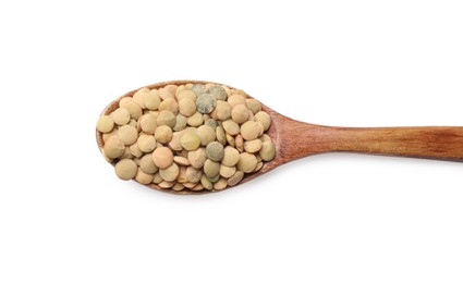 Spoon with raw lentils isolated on white, top view