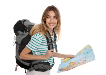 Woman with map and backpack on white background. Summer travel