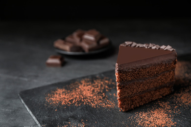 Delicious chocolate cake on grey table, space for text