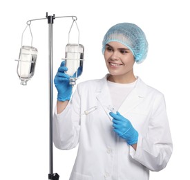 Photo of Nurse setting up IV drip on white background