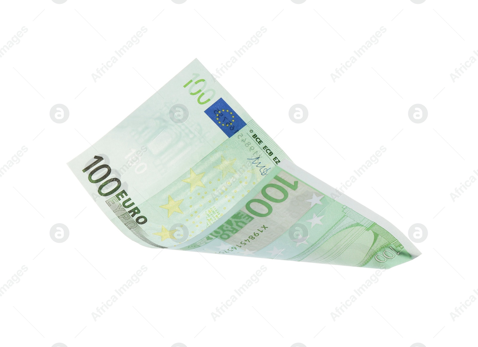 Photo of Euro banknote isolated on white. Flying money