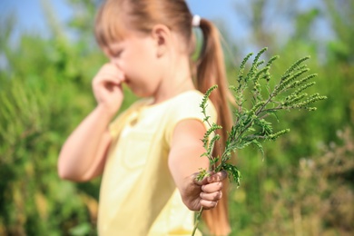 Little girl with ragweed branch suffering from allergy outdoors, focus on hand