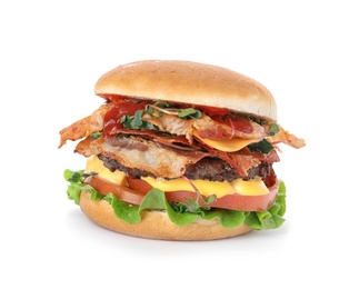 Photo of Tasty burger with bacon isolated on white