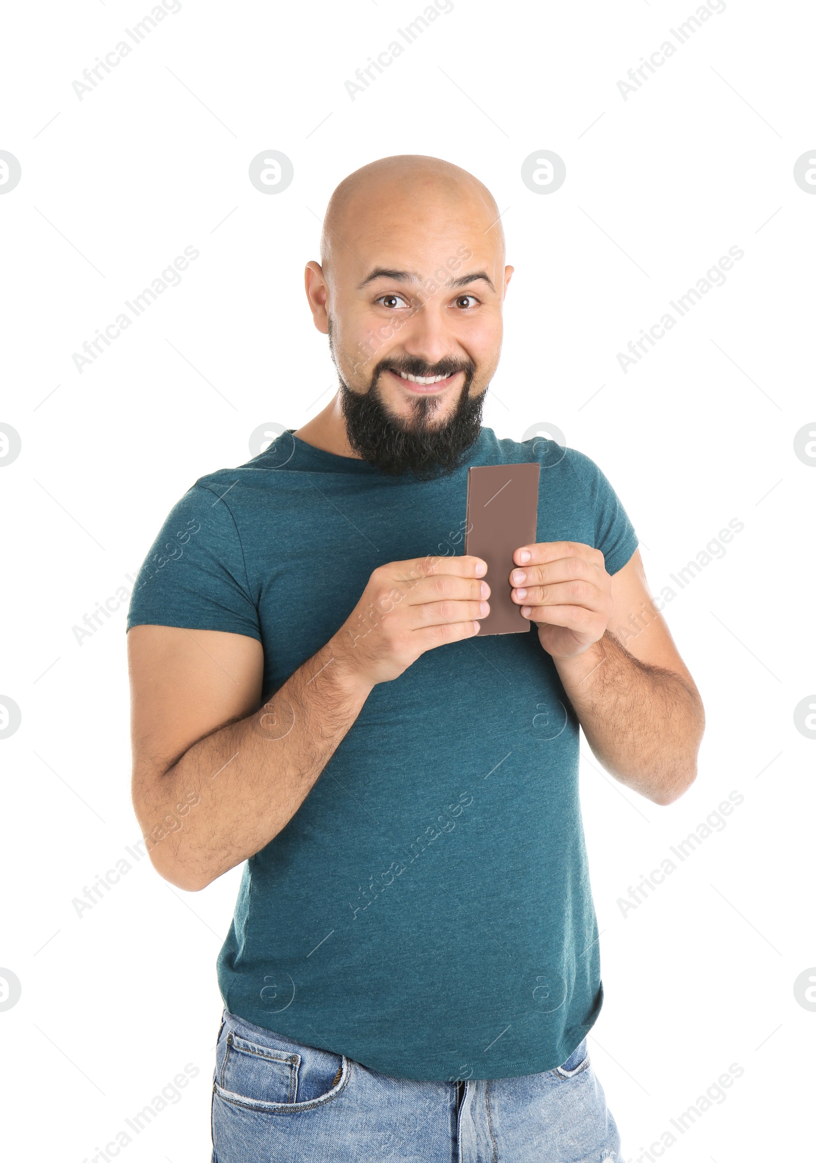 Photo of Overweight man with chocolate bar on white background