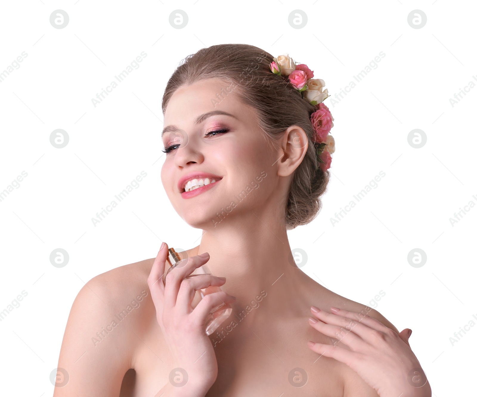 Photo of Beautiful young woman with bottle of perfume on white background