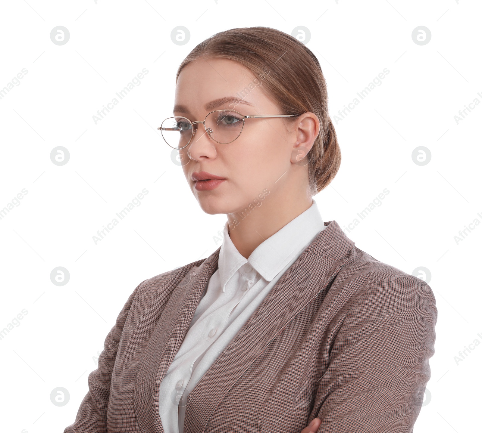 Photo of Portrait of young businesswoman on white background