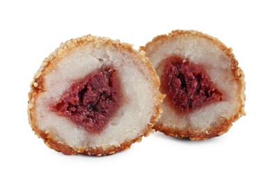 Photo of Cut sesame ball with red bean paste on white background