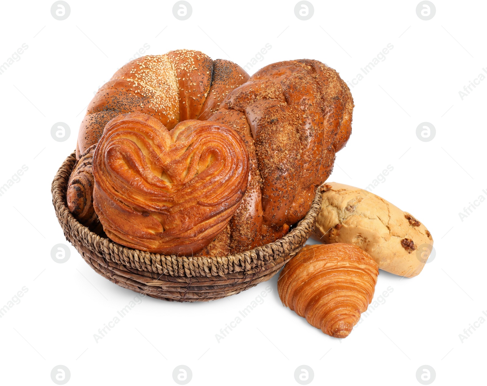 Photo of Many different tasty pastries isolated on white