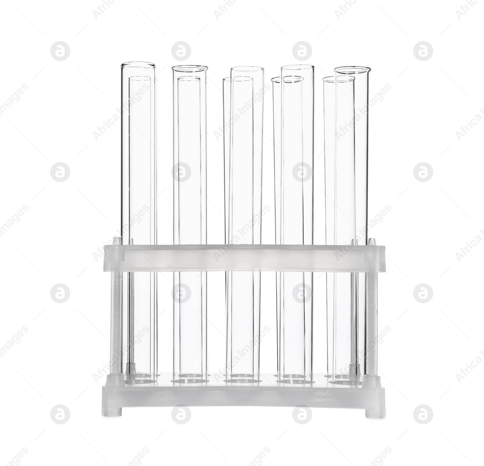 Photo of Stand with many empty test tubes isolated on white