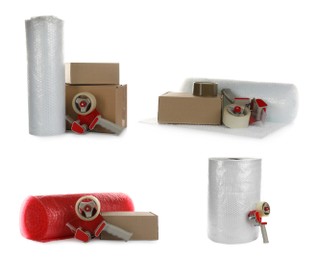 Image of Set with bubble wrap rolls, cardboard boxes and tape dispensers on white background