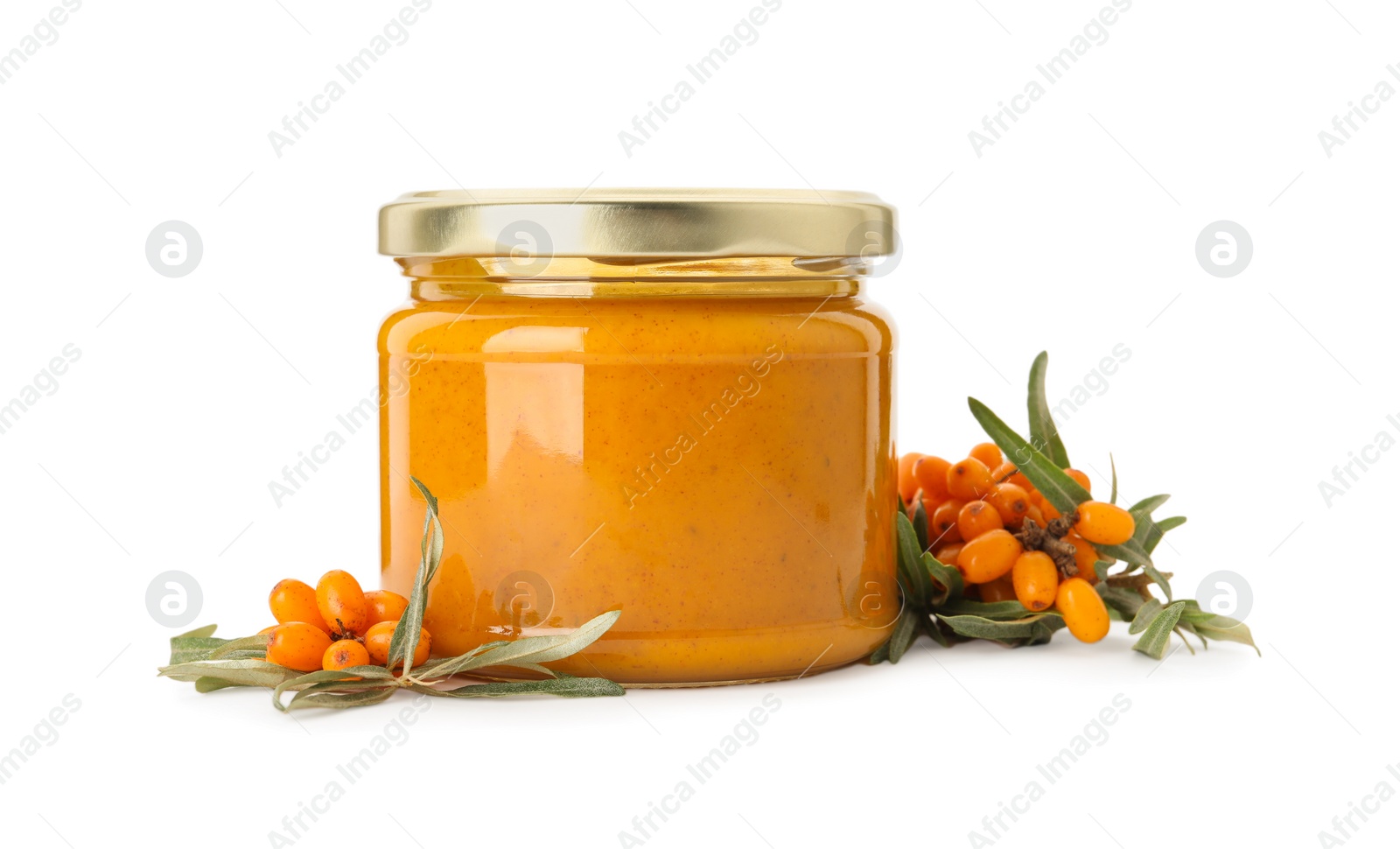 Photo of Delicious sea buckthorn jam and fresh berries isolated on white