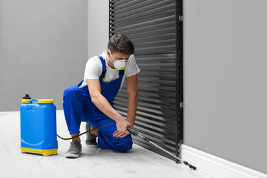 Photo of Pest control worker spraying pesticide in room