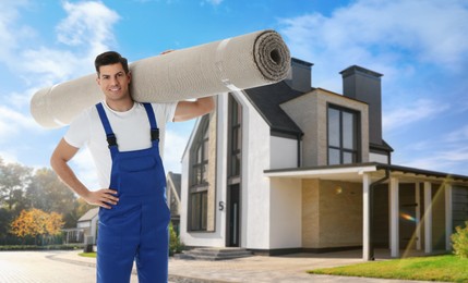 Worker with rolled carpet outdoors on sunny day. Banner design