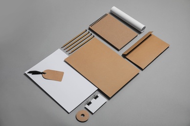 Photo of Composition with stationery on grey background. Mock up for design