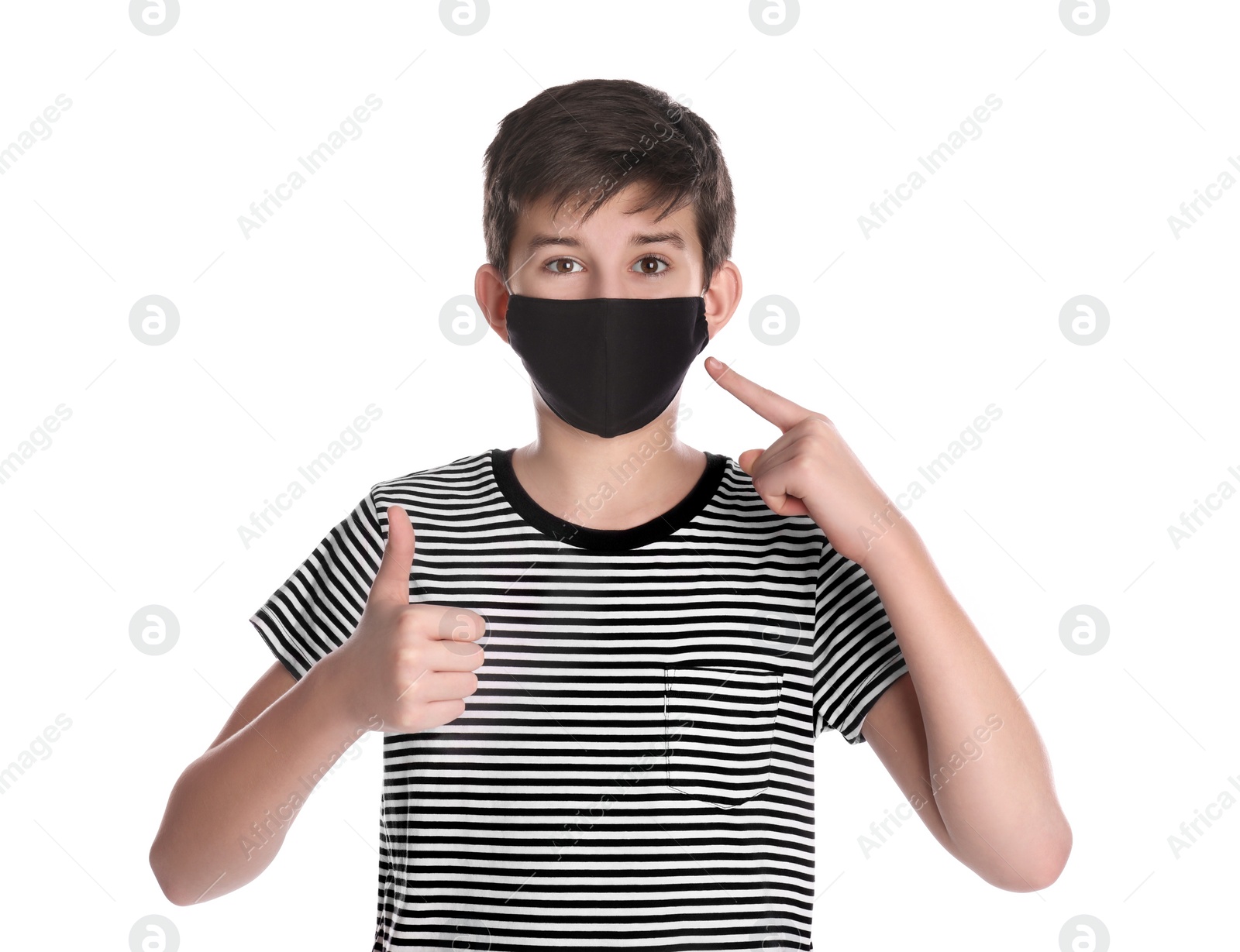 Photo of Boy wearing protective mask on white background. Child safety