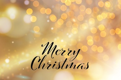 Illustration of Text Merry Christmas on blurred background with golden lights. Bokeh effect