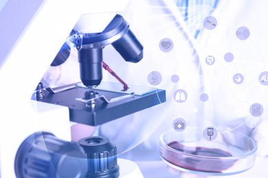 Medical technology concept. Scientist working in laboratory, closeup