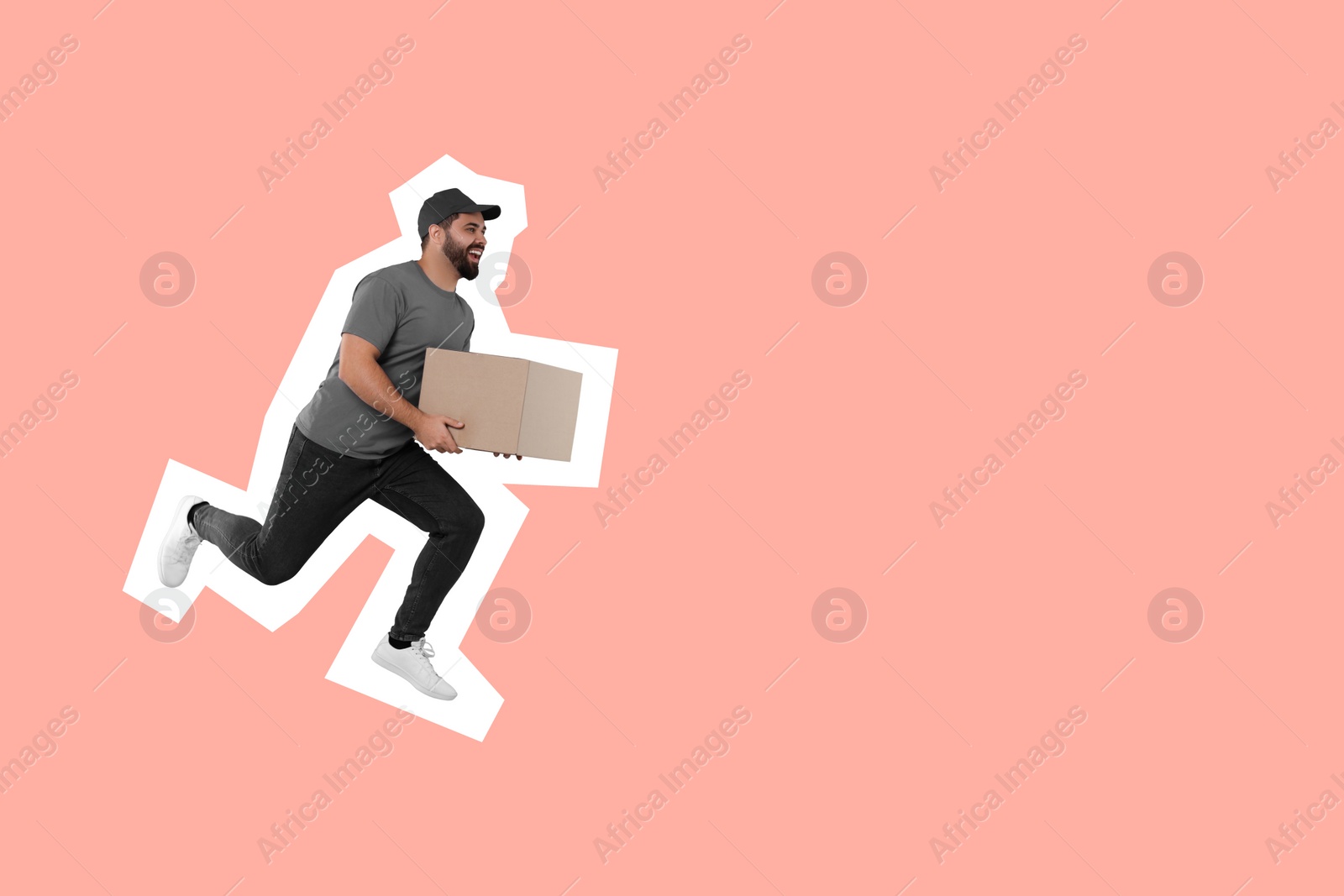 Image of Happy courier with parcel running on pink background, space for text