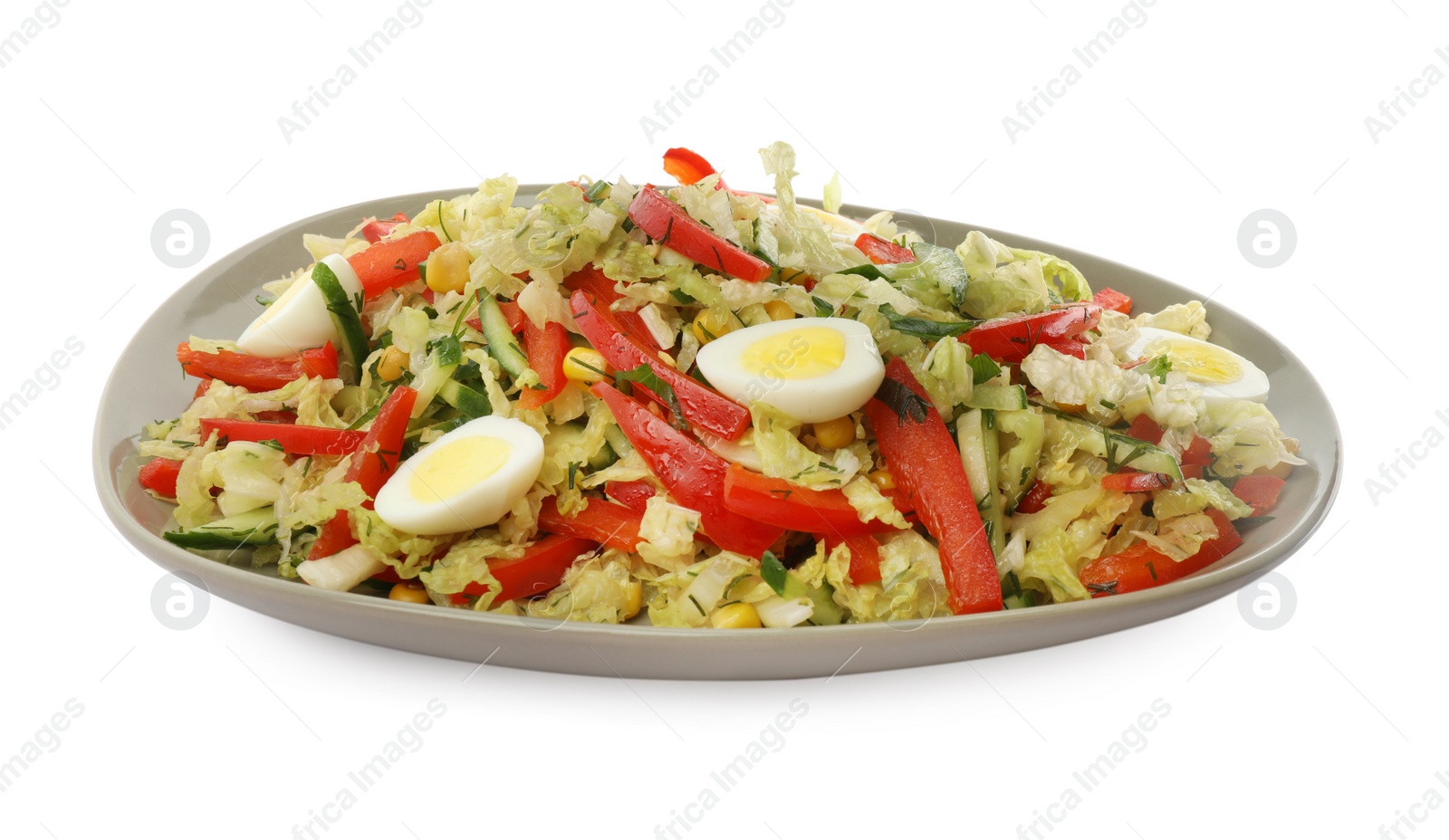 Photo of Plate of delicious salad with Chinese cabbage and quail eggs isolated on white