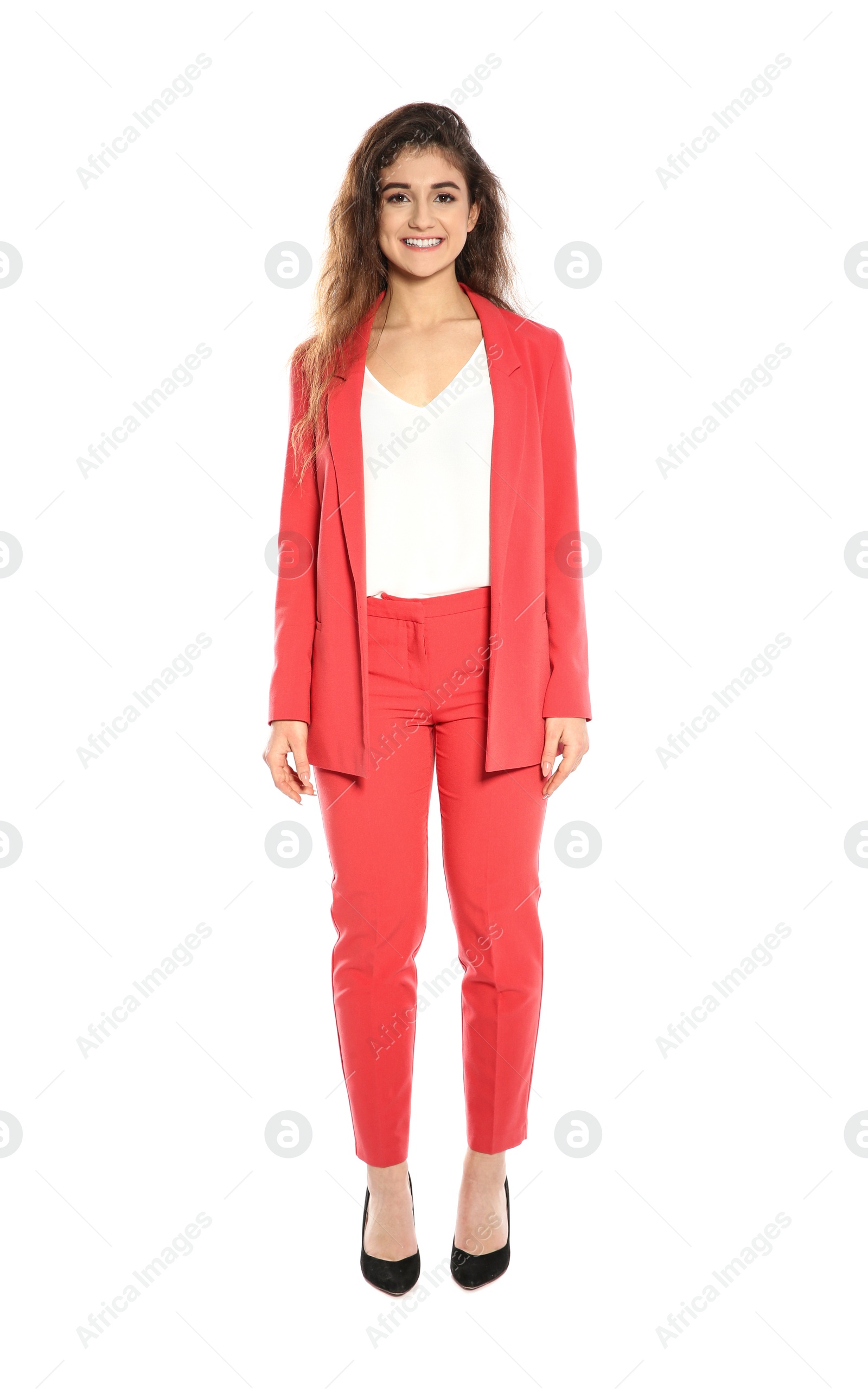 Photo of Beautiful young woman in stylish suit on white background