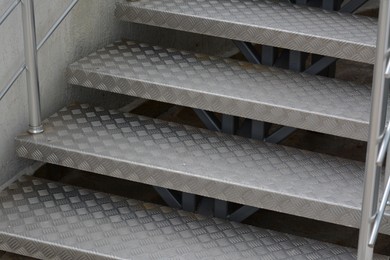 Photo of View of beautiful metal stairs outdoors, closeup