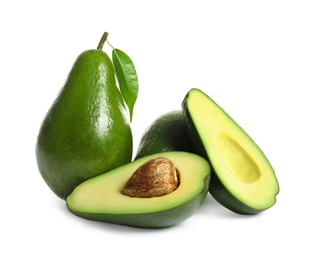 Ripe fresh avocados on white background