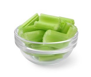 Glass bowl of fresh cut celery isolated on white