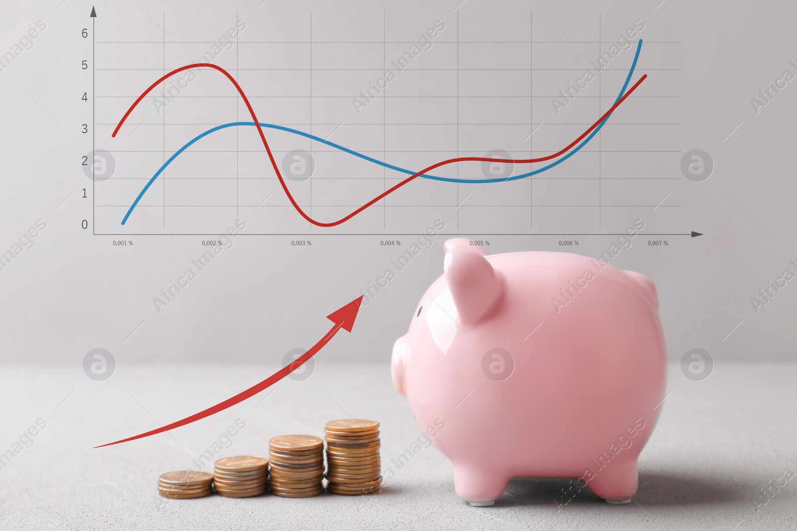 Image of Pink piggy bank with coins and graph on grey background