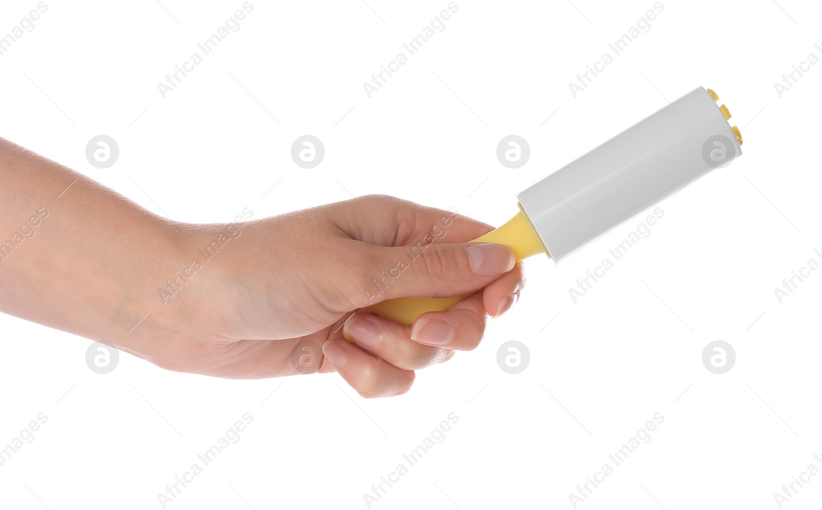 Photo of Woman holding lint roller on white background, closeup