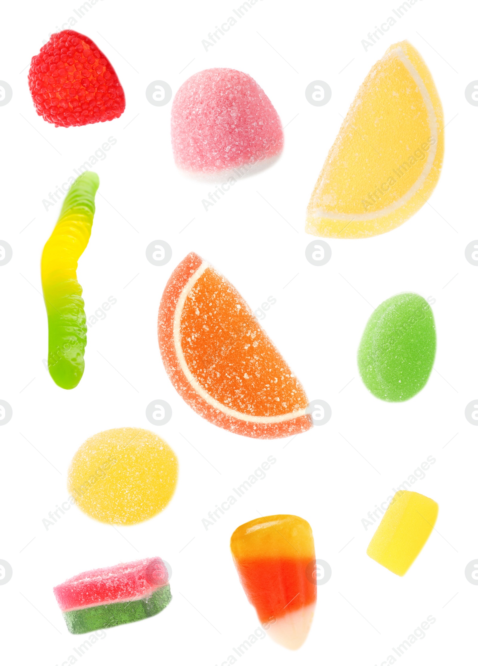 Image of Set of different jelly candies on white background