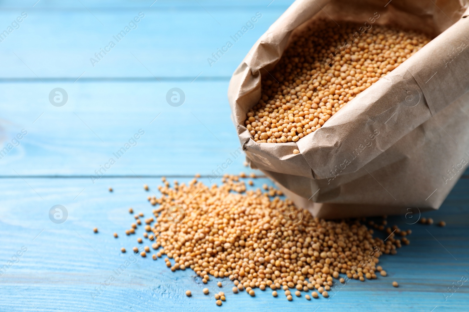Photo of Mustard seeds in paper bag on turquoise wooden table. Space for text