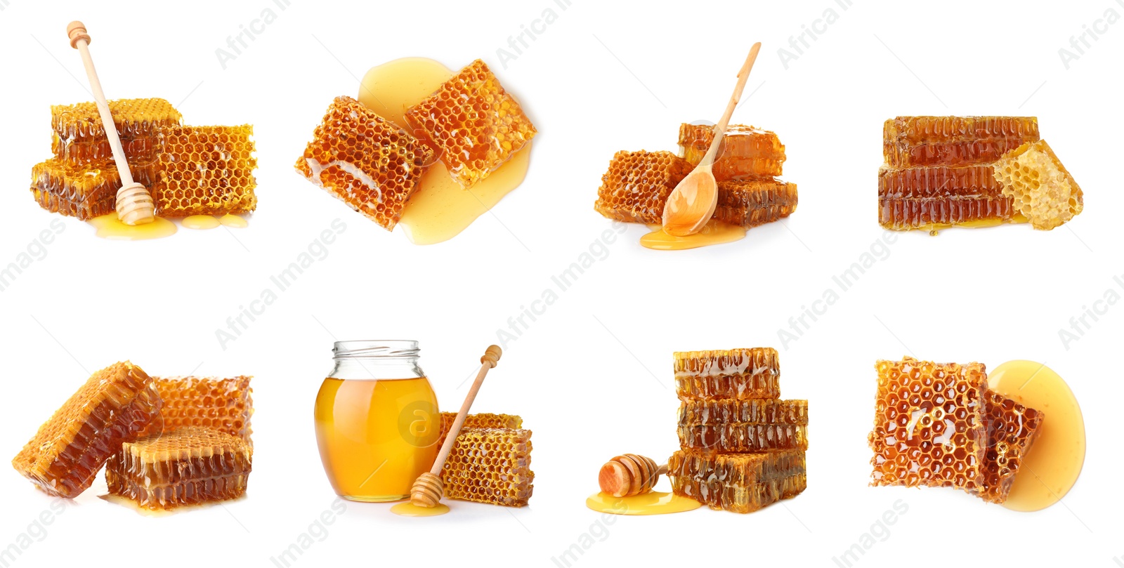 Image of Set with fresh delicious honeycombs on white background