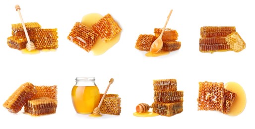 Image of Set with fresh delicious honeycombs on white background