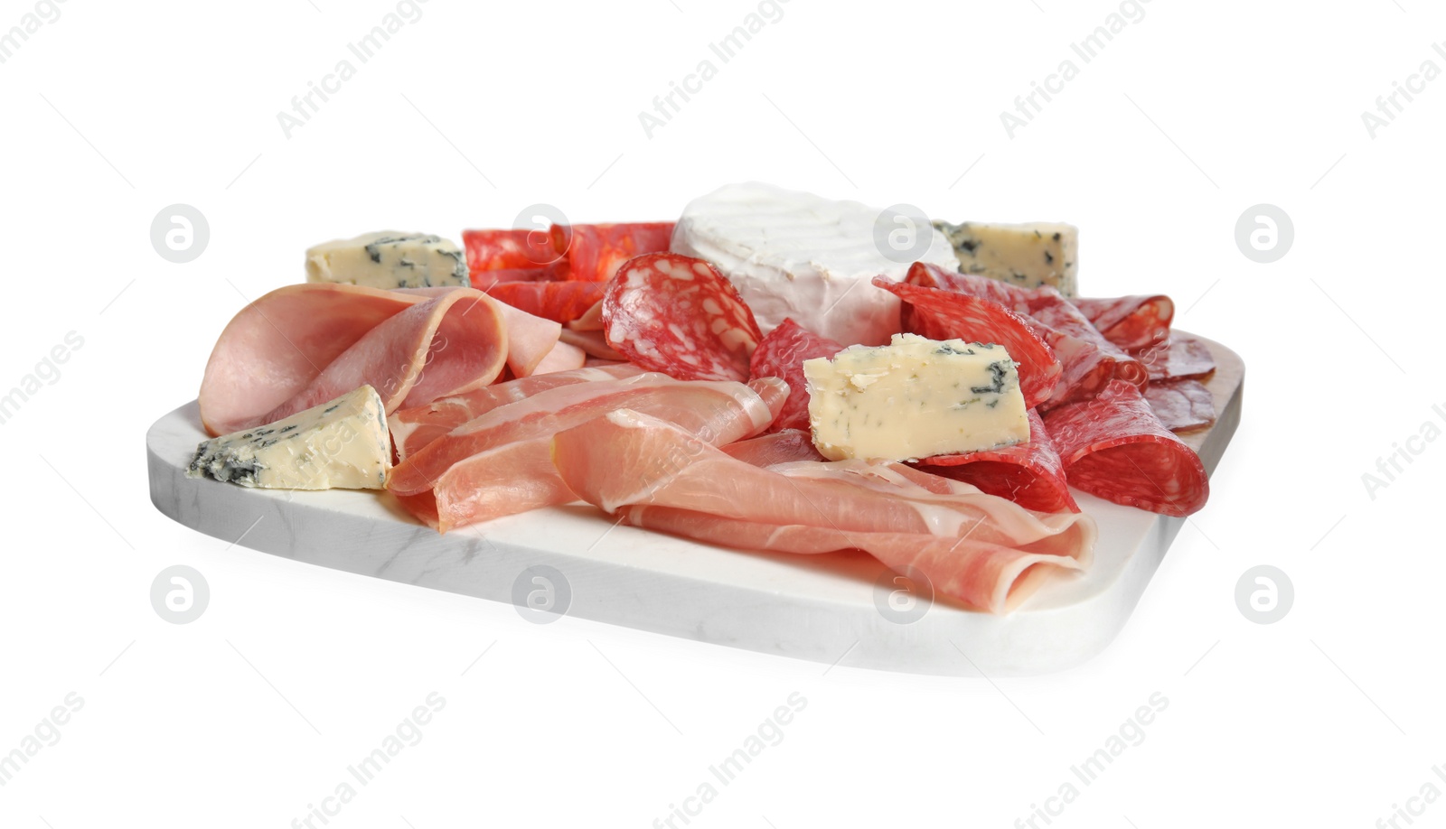 Photo of Board with tasty ham and other delicacies isolated on white