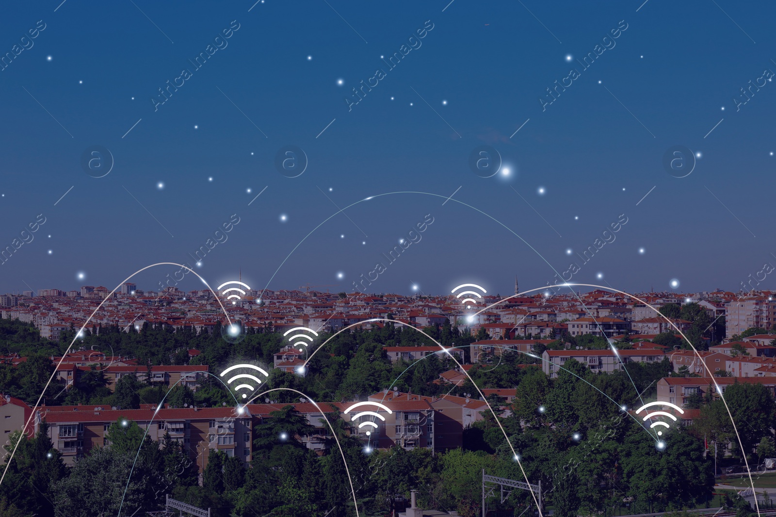 Image of Picturesque view of city with buildings and wi-fi symbols