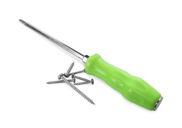 Photo of Screwdriver with green handle and screws isolated on white, above view