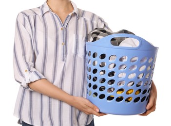 Photo of Woman with basket full of clean laundry on white background, closeup