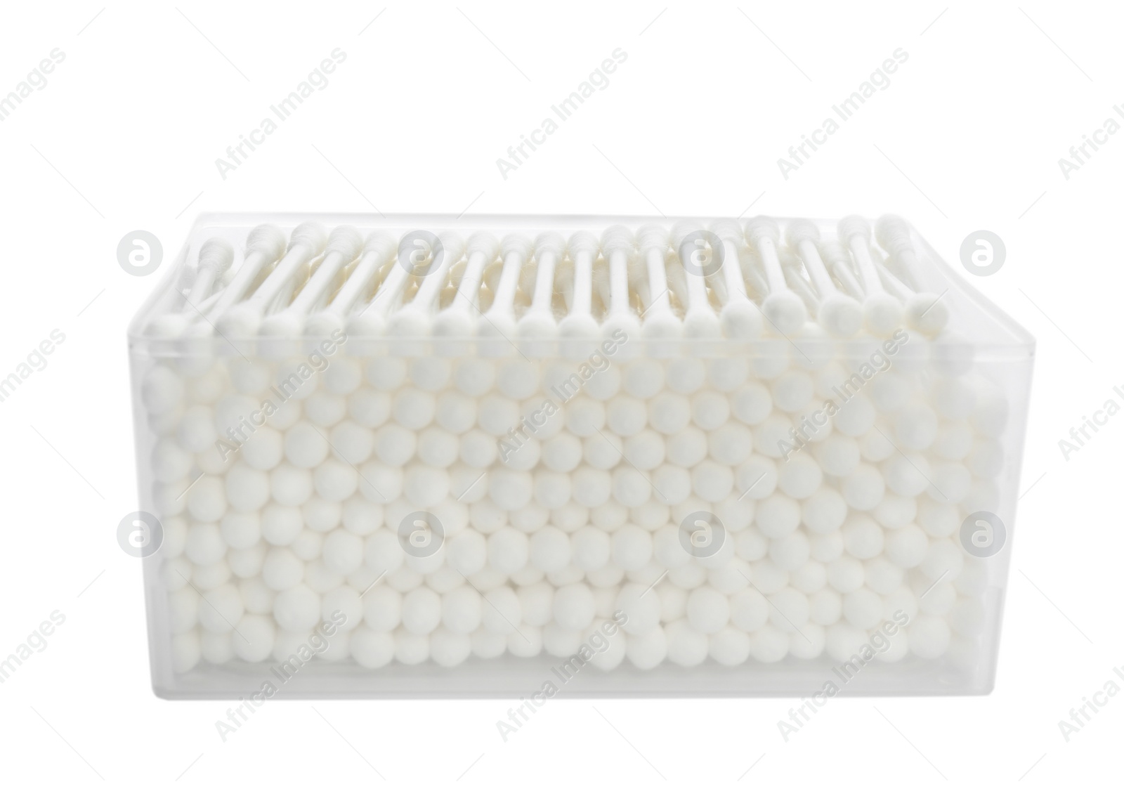 Photo of Plastic container with cotton swabs on white background