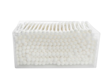 Plastic container with cotton swabs on white background