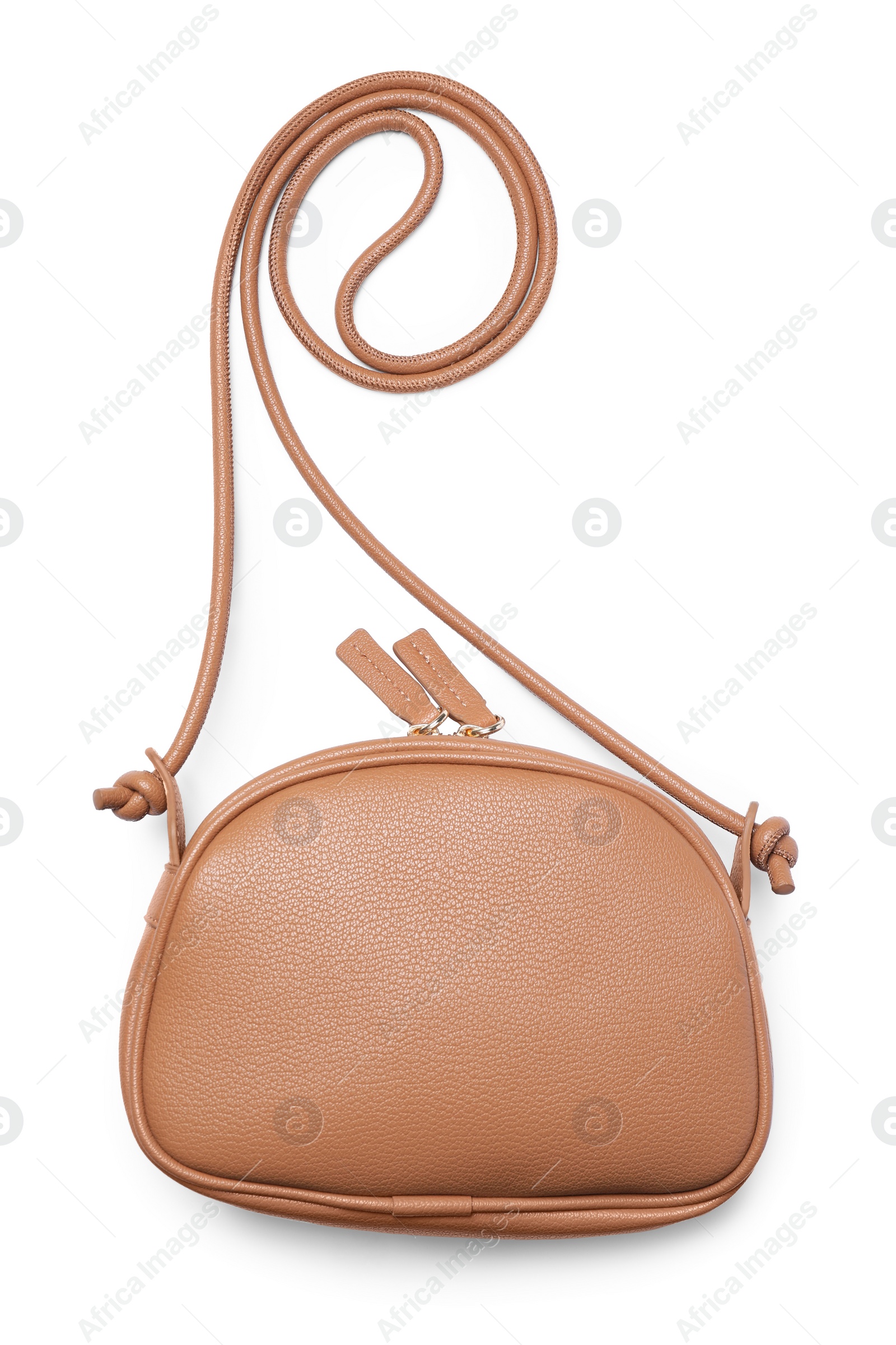 Photo of Stylish light brown leather handbag isolated on white, top view