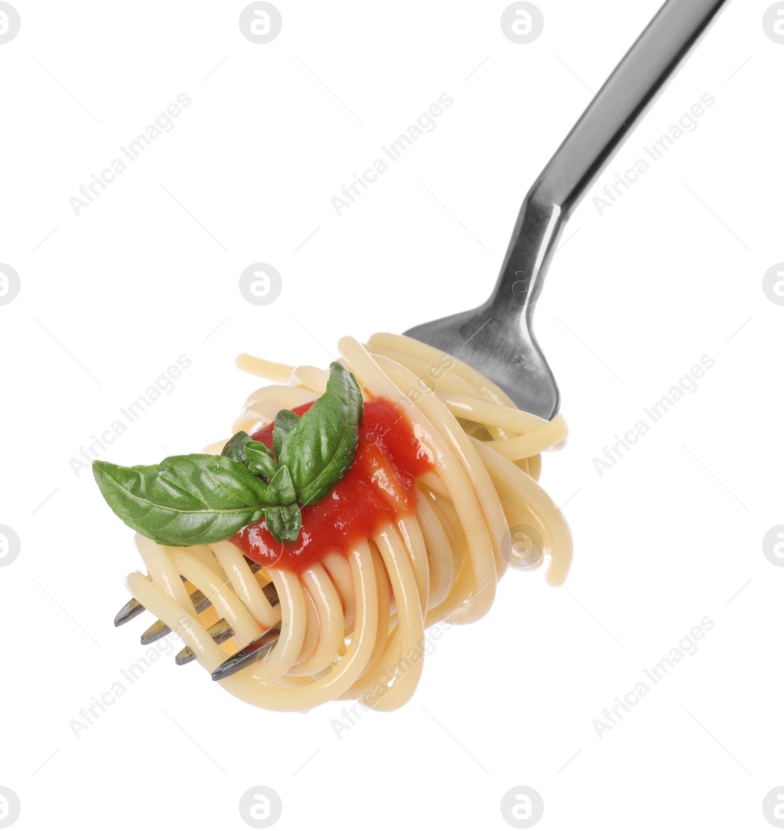 Photo of Fork with tasty pasta, basil and tomato sauce isolated on white