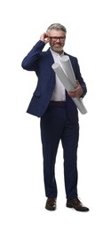 Photo of Architect in glasses holding drafts on white background