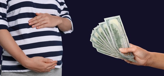 Surrogacy. Intended father with money and pregnant woman on dark blue background, closeup. Banner design