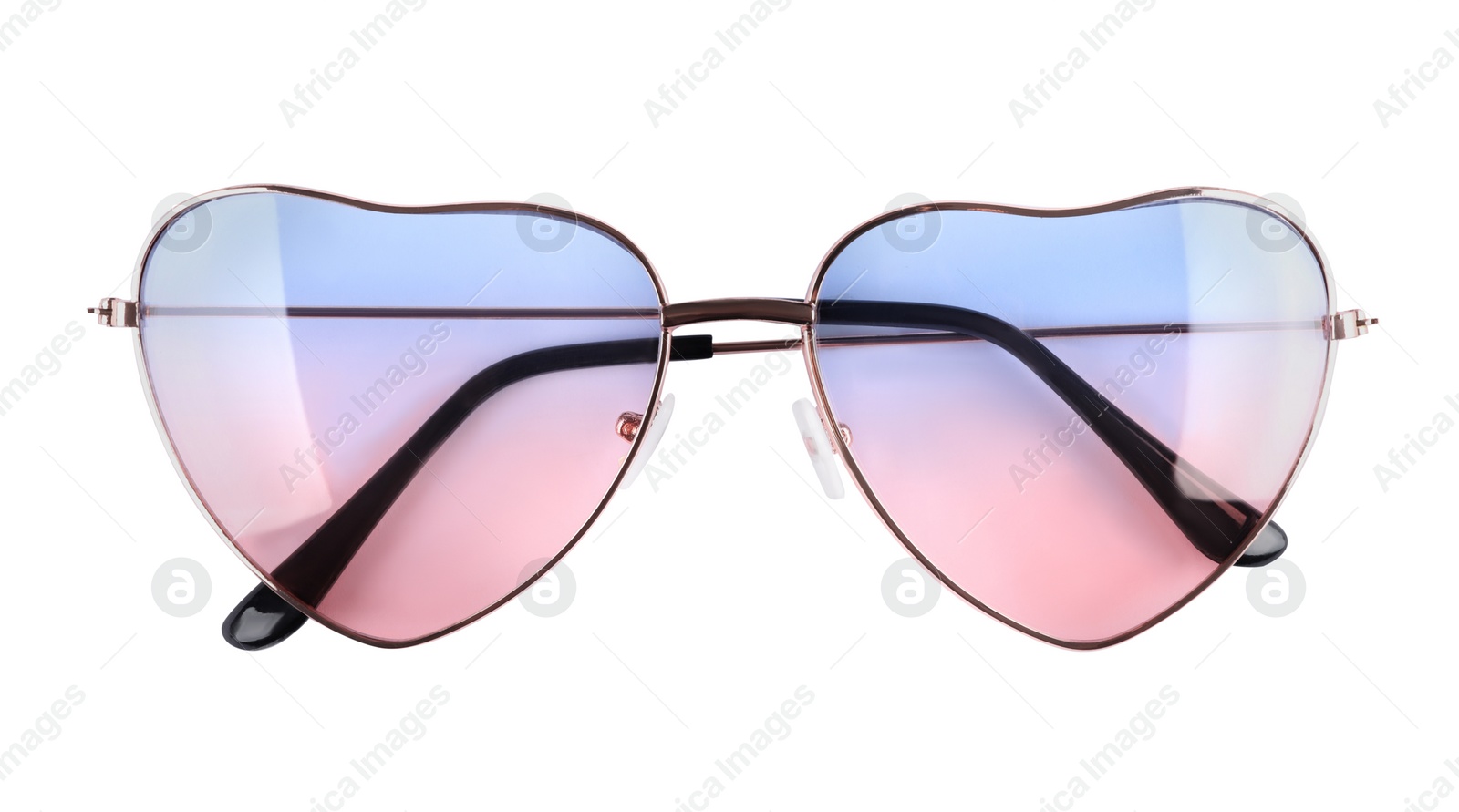 Photo of Heart shaped sunglasses isolated on white, top view